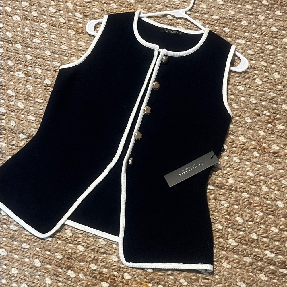 Chic Navy Vest with White Trim and Gold Buttons